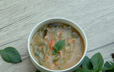 Kaeng Khae with Roasted Rice. Kaeng khae is a curry of northern Thai dish. This curry is made mainly with vegetables, herbs and added meat depending on the variant.