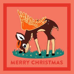 merry Christmas cute angel deer eating flowers illustration