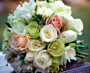 Round Vintage Bridal Bouquet of Roses, Freesias  and Tulips. Wedding Flowers. 