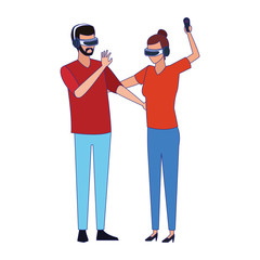 man and woman using technology of augmented reality