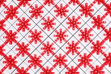 White Gift box with Red ribbon on top view. 3D Render. Christmas idea concept.