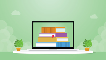 online library with laptop and books stack with modern flat style - vector