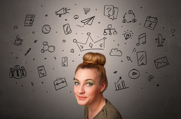 Pretty girl with drawn tasks above her head