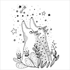 Two wolves look at the stars. Black and white illustration for posters and cards