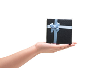 Girl Hand Hold Gift box with blue ribbon isoalted on white