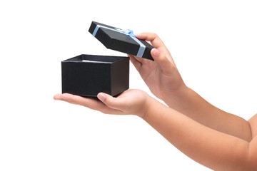 Girl Hand Hold Gift box with blue ribbon isoalted on white