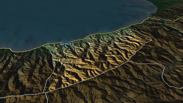 Rize - province of Turkey with its capital zoomed on the physical map of the globe. Animation 3D
