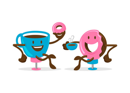Cup of coffee and doughnut character or mascot, happy and fun cartoon vector