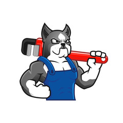 Muscular dog holding a wrench as a plumber or worker, dog character cartoon