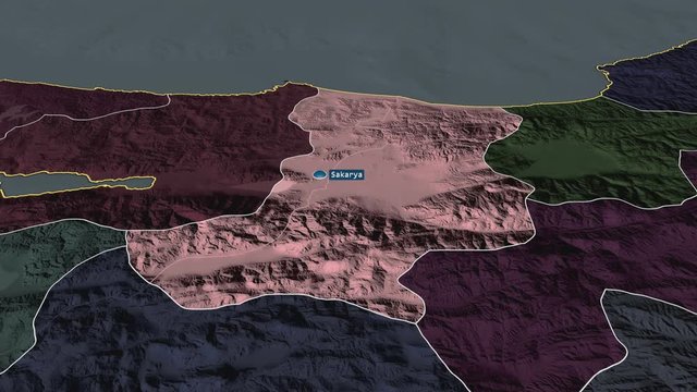 Sakarya - province of Turkey with its capital zoomed on the administrative map of the globe. Animation 3D