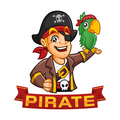 Pirate boy character or mascot cartoon with a parrot at his arm, fun vector illustration