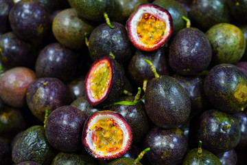 Juicy passion fruit cut in half