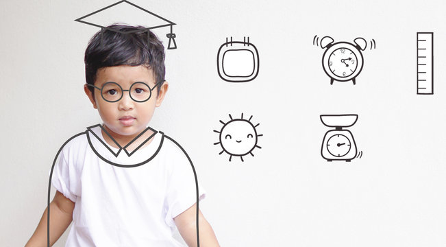 Asian Kid 2 Year Old. Imagination His Graduated Day With Hand Drawn Graduate Dress On White Background, Education And Graduation Concept Idea.                                