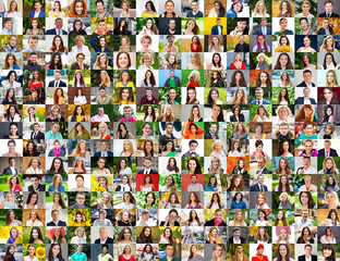Fototapeta na wymiar Collage of photos of young and real happy people over 16 years old
