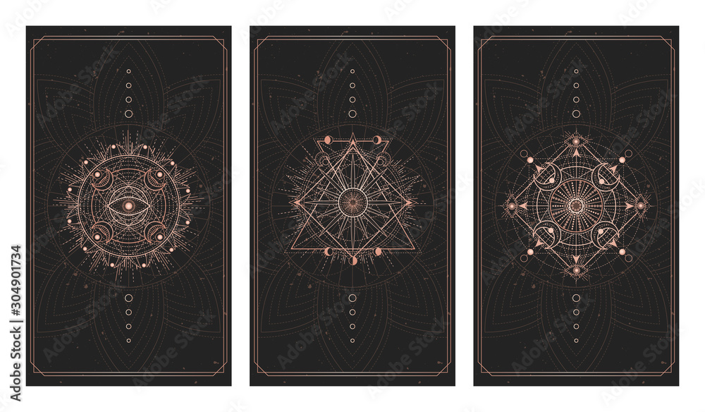 Canvas Prints vector set of three dark backgrounds with sacred symbols, grunge textures and frames. illustration i