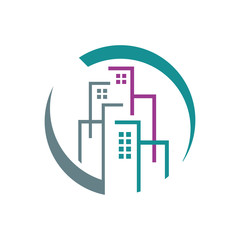 trendy overlapping line and square colorful building logo design vector. symbol and icon of residential flat apartment and skyline template