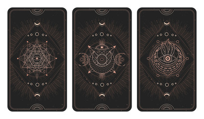 Vector set of three dark backgrounds with sacred symbols, grunge textures and frames. Illustration in black and gold colors.