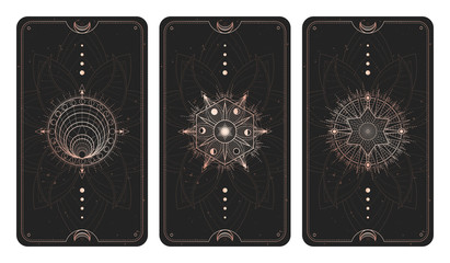 Vector set of three dark backgrounds with sacred symbols, grunge textures and frames. Illustration in black and gold colors.