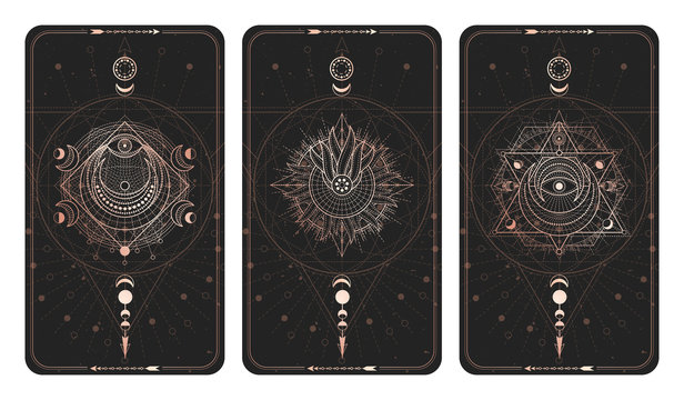 Vector set of three dark backgrounds with sacred symbols, grunge textures and frames. Illustration in black and gold colors.