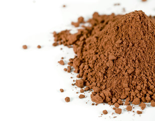 Heap of cacao powder isolated on a white background.