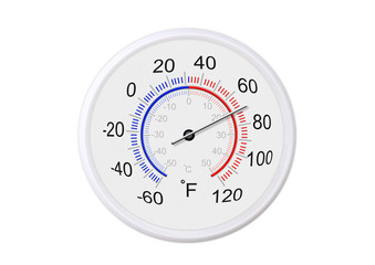 Fahrenheit and celsius scale white round thermometer for measuring weather temperature.  Thermometer isolated on white background. Ambient temperature plus 70 degrees fahrenheit