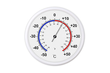 Celsius and fahrenheit scales thermometer for measuring weather temperature.  Thermometer isolated on white background. Ambient temperature plus 10 degrees celsius