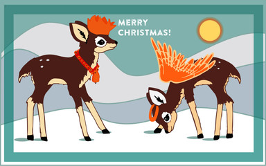 two merry Christmas deer illustrations with crown and angel wings