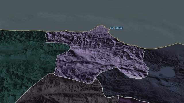 Sinop - province of Turkey with its capital zoomed on the administrative map of the globe. Animation 3D