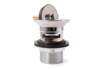 Chrome stainless silver floor drains isolated on a white background. Hardware accessory, Closeup