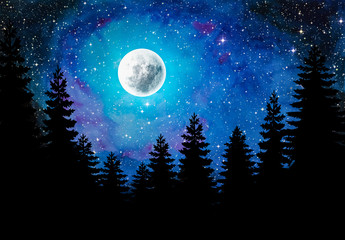 Fototapeta na wymiar Night sky backgorund with Full moon and tree silhouette.