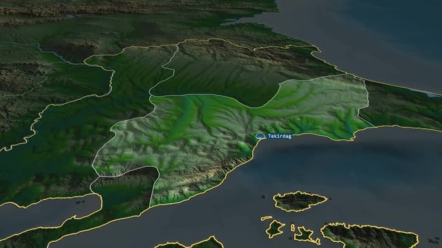 Tekirdag - province of Turkey with its capital zoomed on the physical map of the globe. Animation 3D