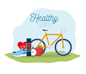 poster healthy lifestyle with bike and icons vector illustration design
