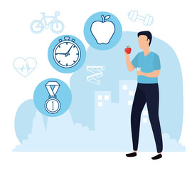 Fototapeta na wymiar poster healthy lifestyle with man and set icons vector illustration design