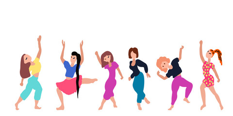 A set of dancing and jumping girls in colorful clothes. Vector illustration. Character collection. Isolated