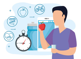 poster healthy lifestyle with man and set icons vector illustration design