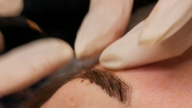 A beautician in gloves, using a special needle, applies a coloring pigment under the skin of the eyebrows. Eyebrow shape correction using hair microbleeding, permanent make-up, eyebrow tattoo