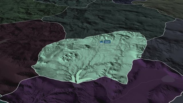 Usak - province of Turkey with its capital zoomed on the administrative map of the globe. Animation 3D