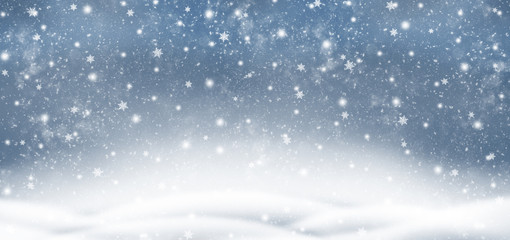 Decorative Christmas background with bokeh lights and snowflakes.