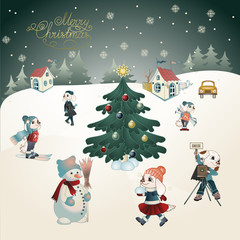 Winter landscape, houses, snow, in the center of the composition is a Christmas tree, around which dogs children, they skiing,sculpt a snowman, taking pictures with an old camera and walking