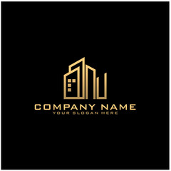 Letter NU With Building For Construction Company Logo