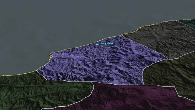 Zonguldak - province of Turkey with its capital zoomed on the administrative map of the globe. Animation 3D