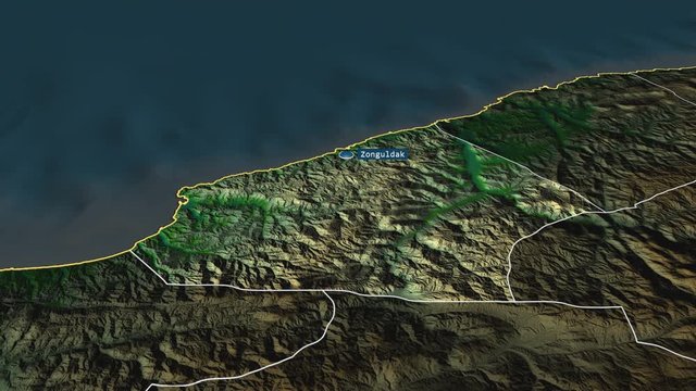 Zonguldak - province of Turkey with its capital zoomed on the physical map of the globe. Animation 3D