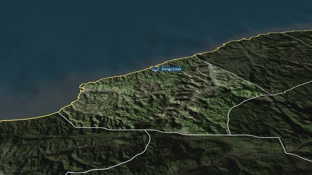 Zonguldak - province of Turkey with its capital zoomed on the satellite map of the globe. Animation 3D