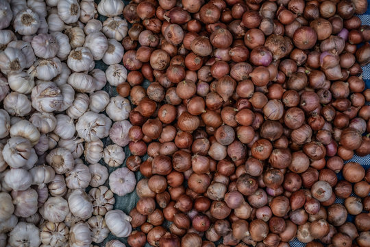 Onion and garlic on a local market in Luang Prabang, Laos 