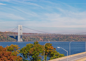 George Washington Bridge New York and New Jersey palisades fall color seen from upper Manhattan