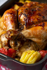 Spicy roasted baked chicken with potatoes.  Festive bird baked with vegetables on the table