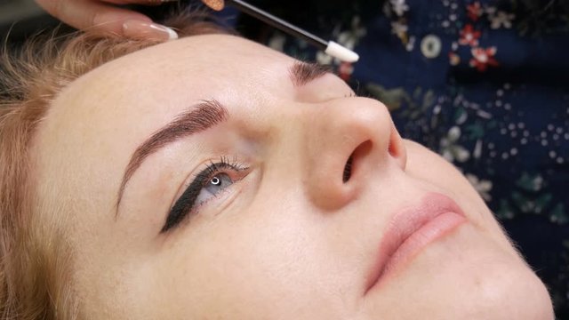 Close-up face of a beautiful young woman. Eyebrows after eyebrow shape correction procedure. Microbleeding, permanent make-up, permanent eyebrow make-up