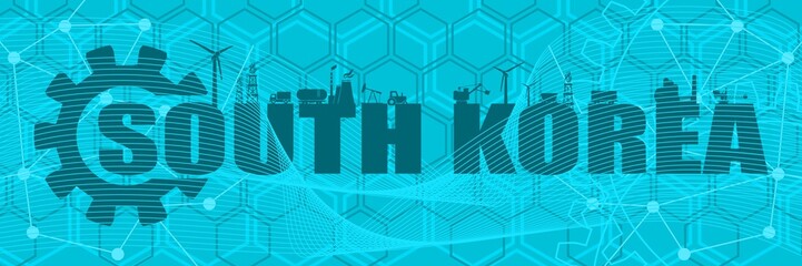 Energy and power icons. Sustainable energy generation and heavy industry. South Korea word decorated by gear. Horizontal industrial web banner