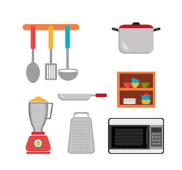 set cutlery with pot and icons vector illustration design