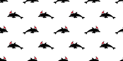 dolphin Seamless pattern Christmas hat vector Santa Claus fish shark doodle cartoon salmon whale wave ocean sea scarf isolated repeat wallpaper tile background illustration design